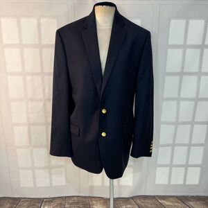 Lauren Ralph Lauren Navy Natural Stretch 100% Wool Two Button Blazer Size 44